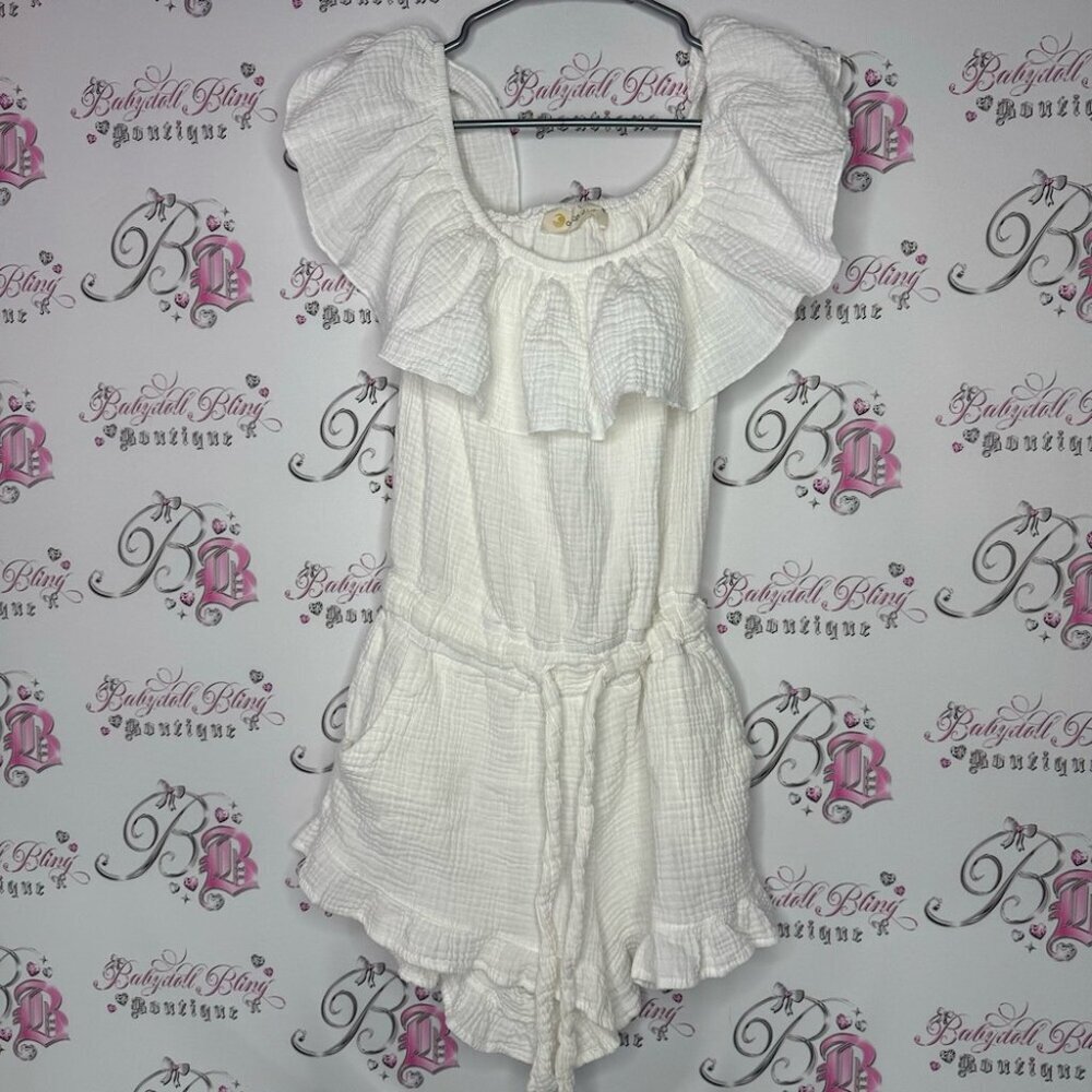 Ocean drive romper shorts off shoulder ruffle frilly waist tie up white cream